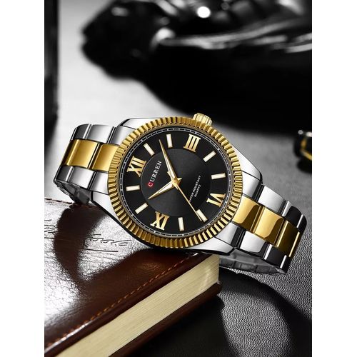 MEN WATCHES Curren Mens Watch Analog Display Black Dial Two Tone Stainless Steel Band