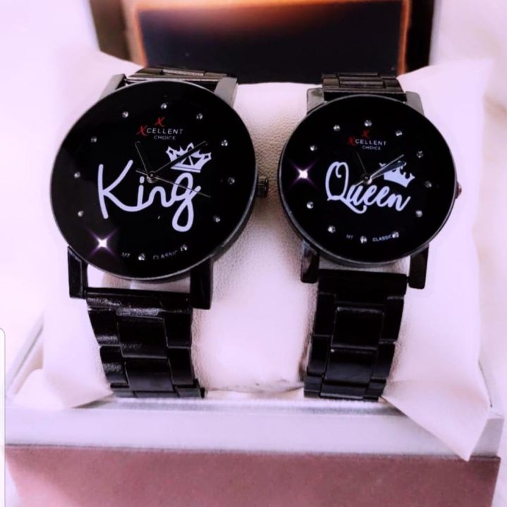 King Queen Printed Round Dial Wrist Watch For Couple